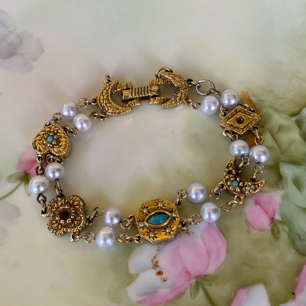 Vintage Italian Dainty Gold Pearl Turquoise Bracelet